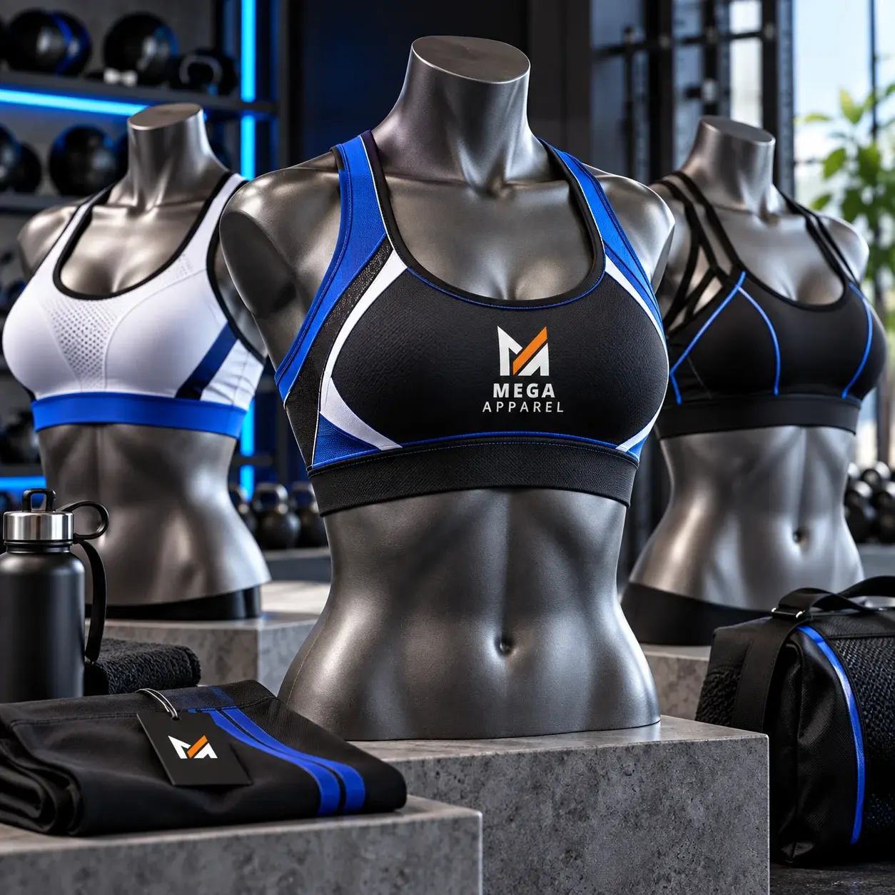 Custom black, blue, and white sports bras displayed on athletic mannequins with Mega Apparel branding in a modern fitness apparel showroom.